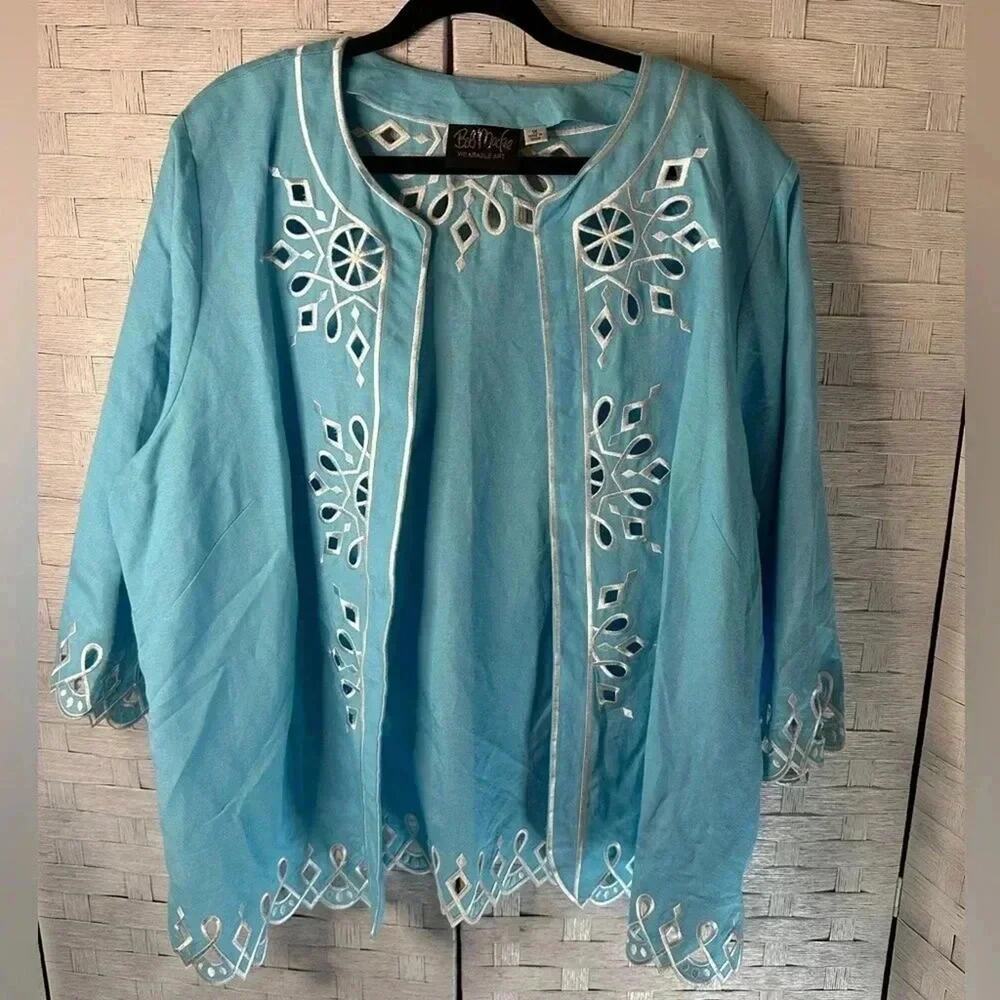 Bob Mackie Wearable Art Blue Linen‎ Blend Embroidered Cutout Jacket Plus 1X